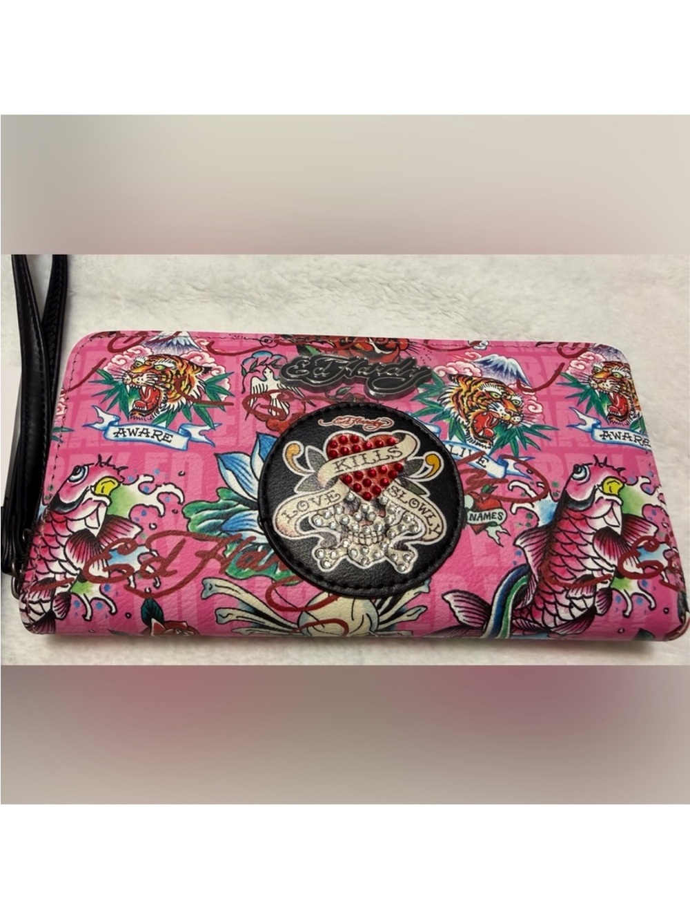 Ed Hardy Edgy Pink Tattoo-Print Wristlet Wallet